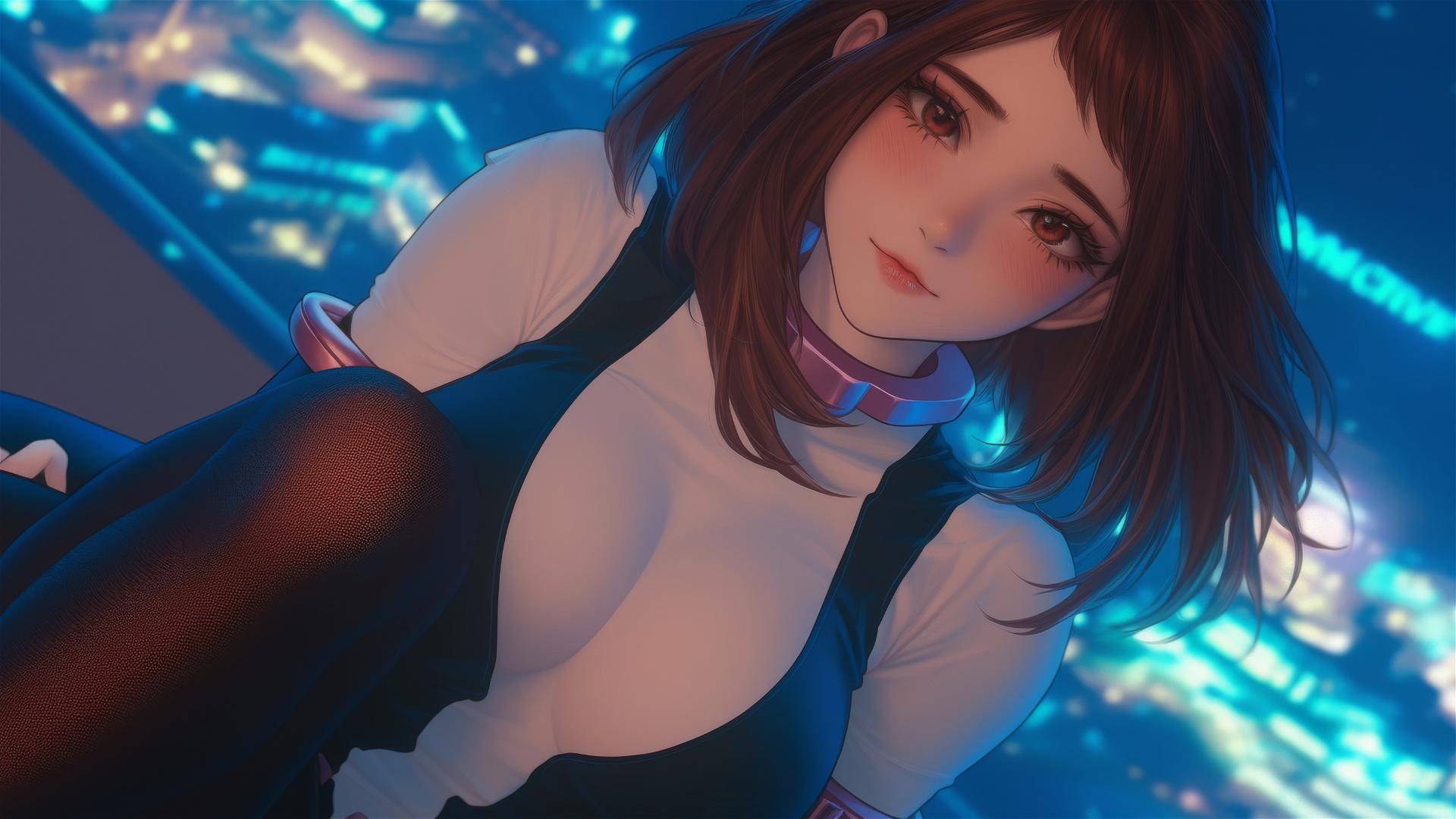 Ochaco Uraraka from My Hero Academia in a neon-lit modern hotel room