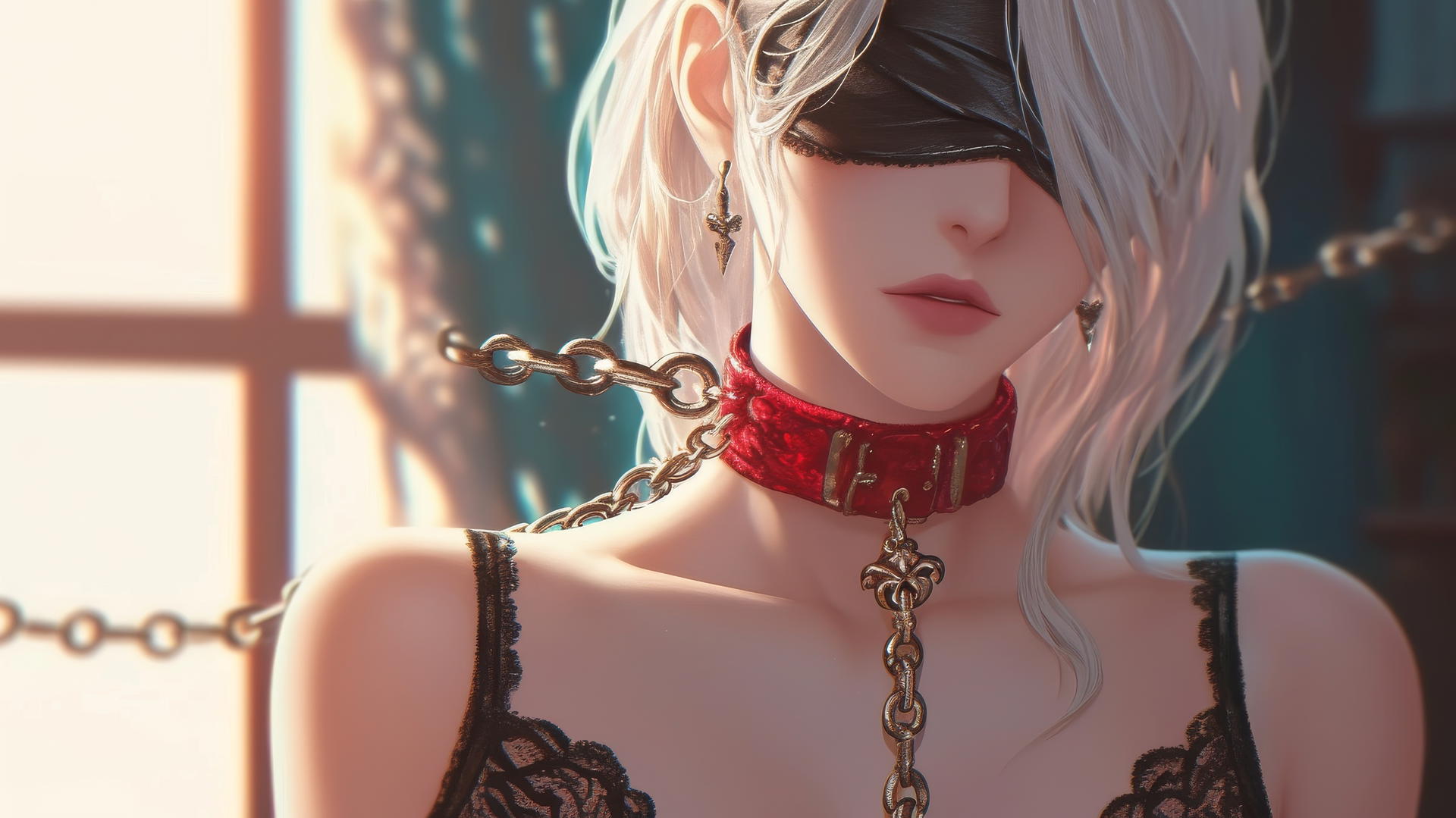 2B from Nier in red attire with iron chains around her neck, blindfolded, in a softly lit modern hotel room