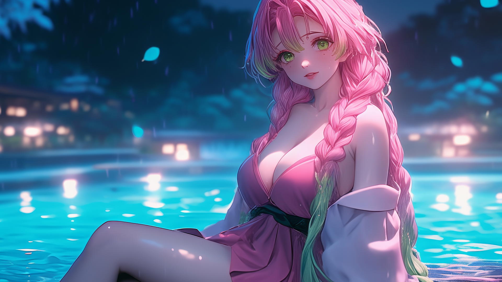 Mitsuri Kanroji resting by a rainy swimming pool under moonlight, pink dress, pink to lime hair