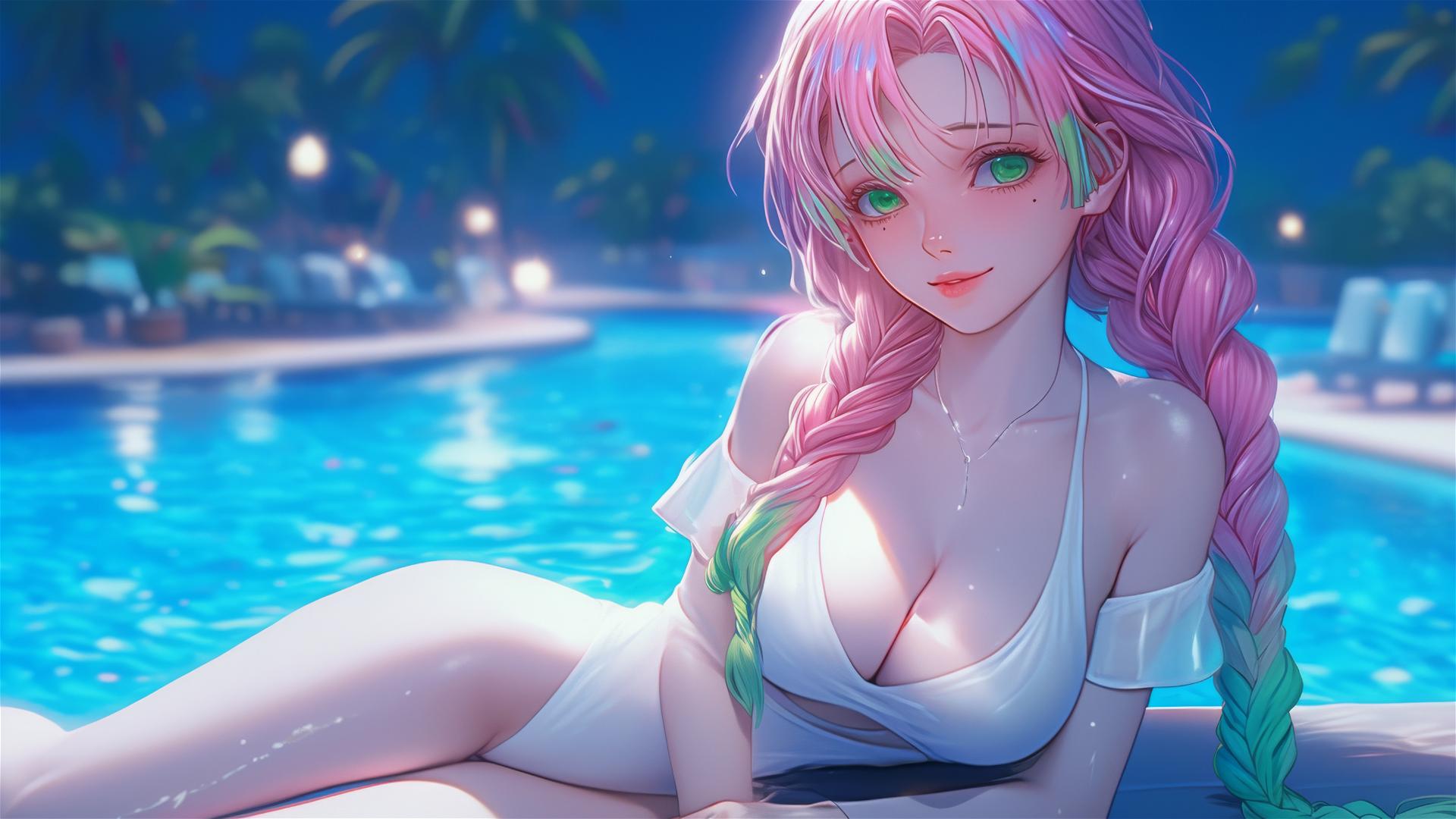Mitsuri Kanroji from Demon Slayer resting by a rainy swimming pool with moonlight.
