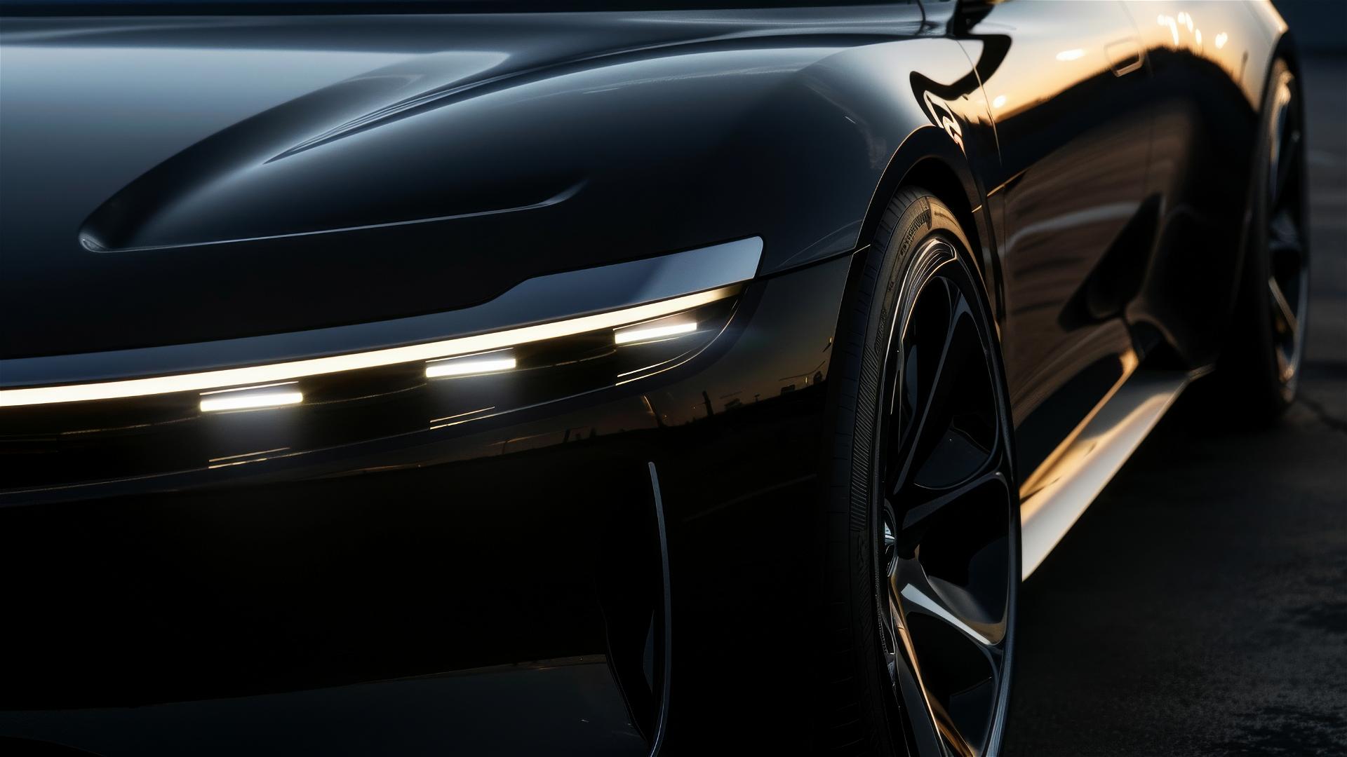 Close-up of electric coupe's front headlights with LED strip and shark nose.
