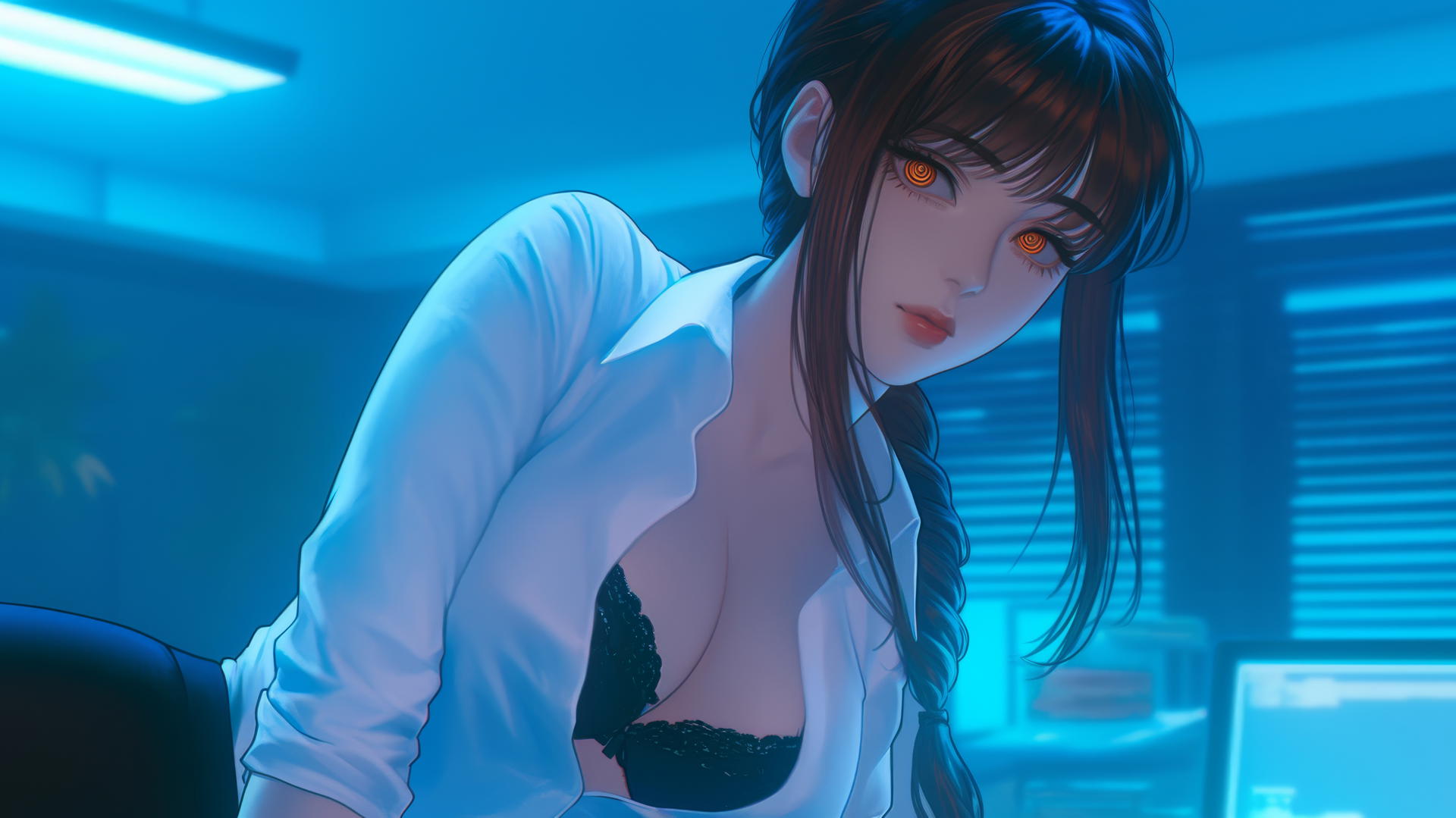 Makima from Chainsaw Man kneeling, looking down, in white office shirt under neon hotel light