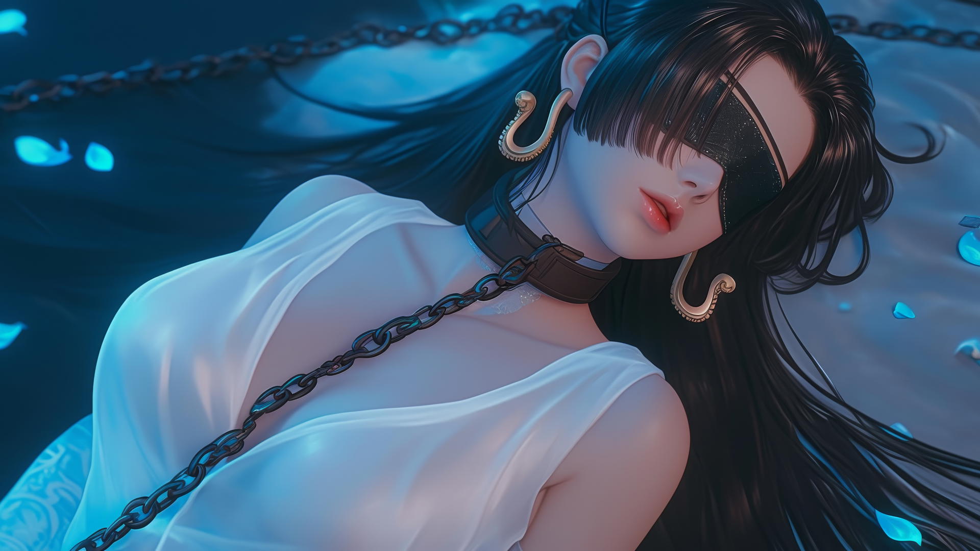 Blindfolded Boa Hancock from One Piece kneeling in neon-lit hotel room