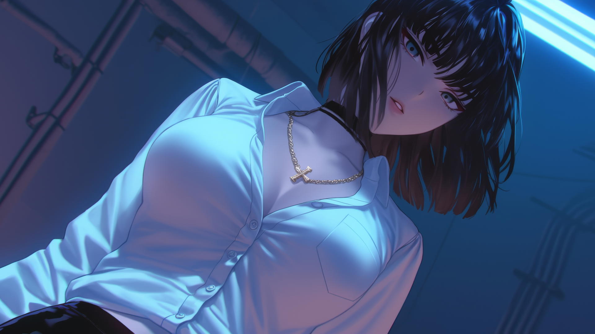 Fubuki from One Punch Man in white office shirt with hotel ceiling background, kneeling and leaning.
