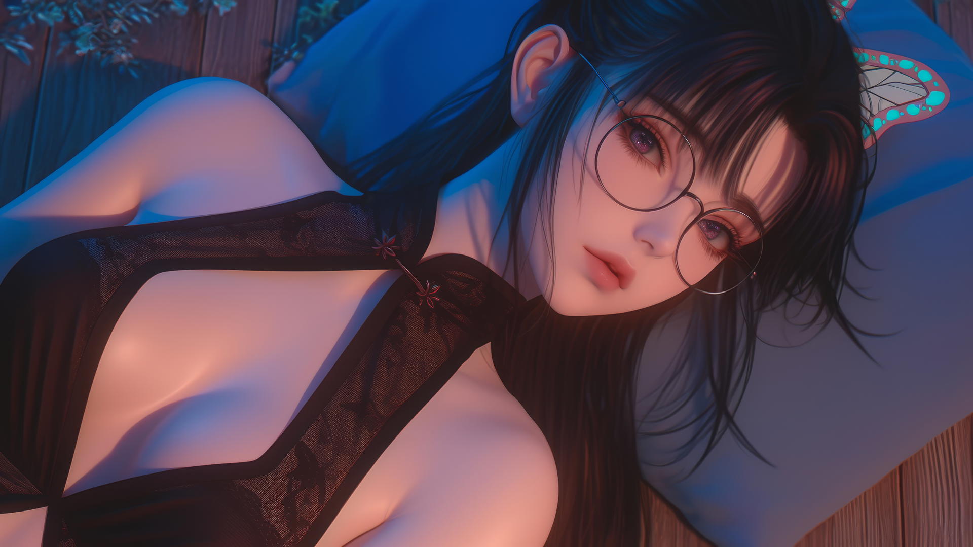 Kanao Tsuyuri from Demon Slayer relaxing in a modern apartment's tub, warm light highlighting her figure.