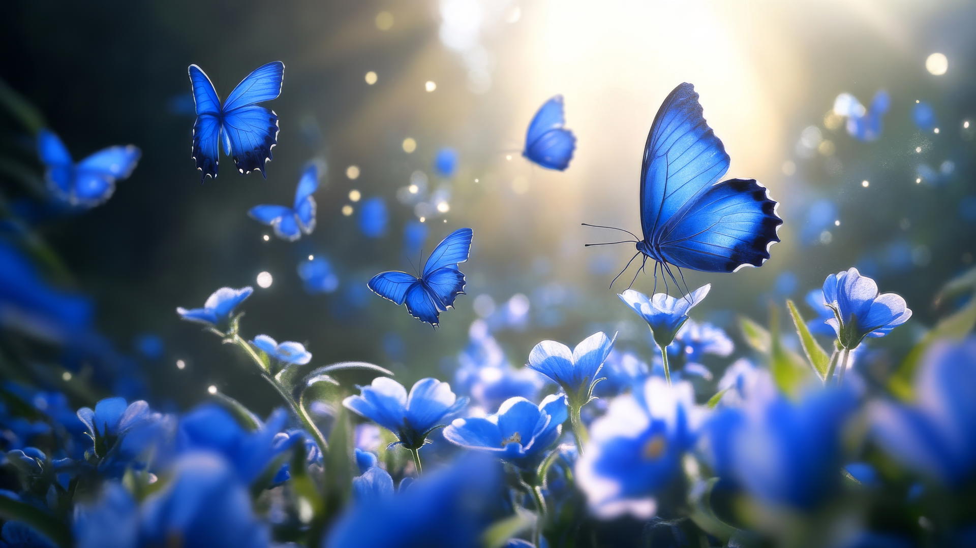 blue butterfly wallpaper with vibrant blue flowers and sunlight filtering through
