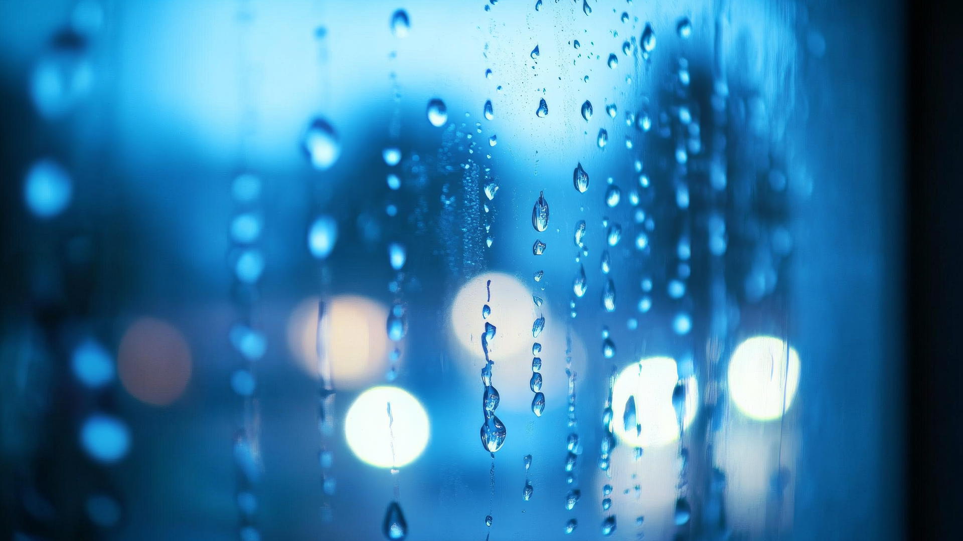 aesthetic blue wallpaper with gentle raindrops and blurred lights