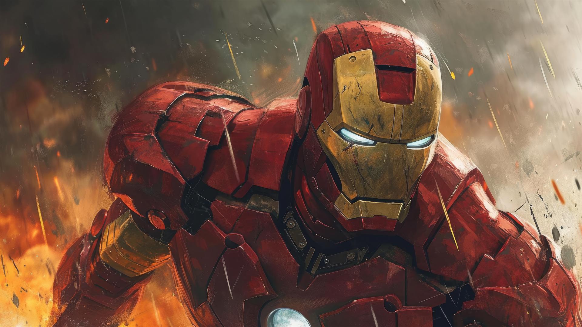 Cartoon Ironman with exaggerated features in a gritty landscape