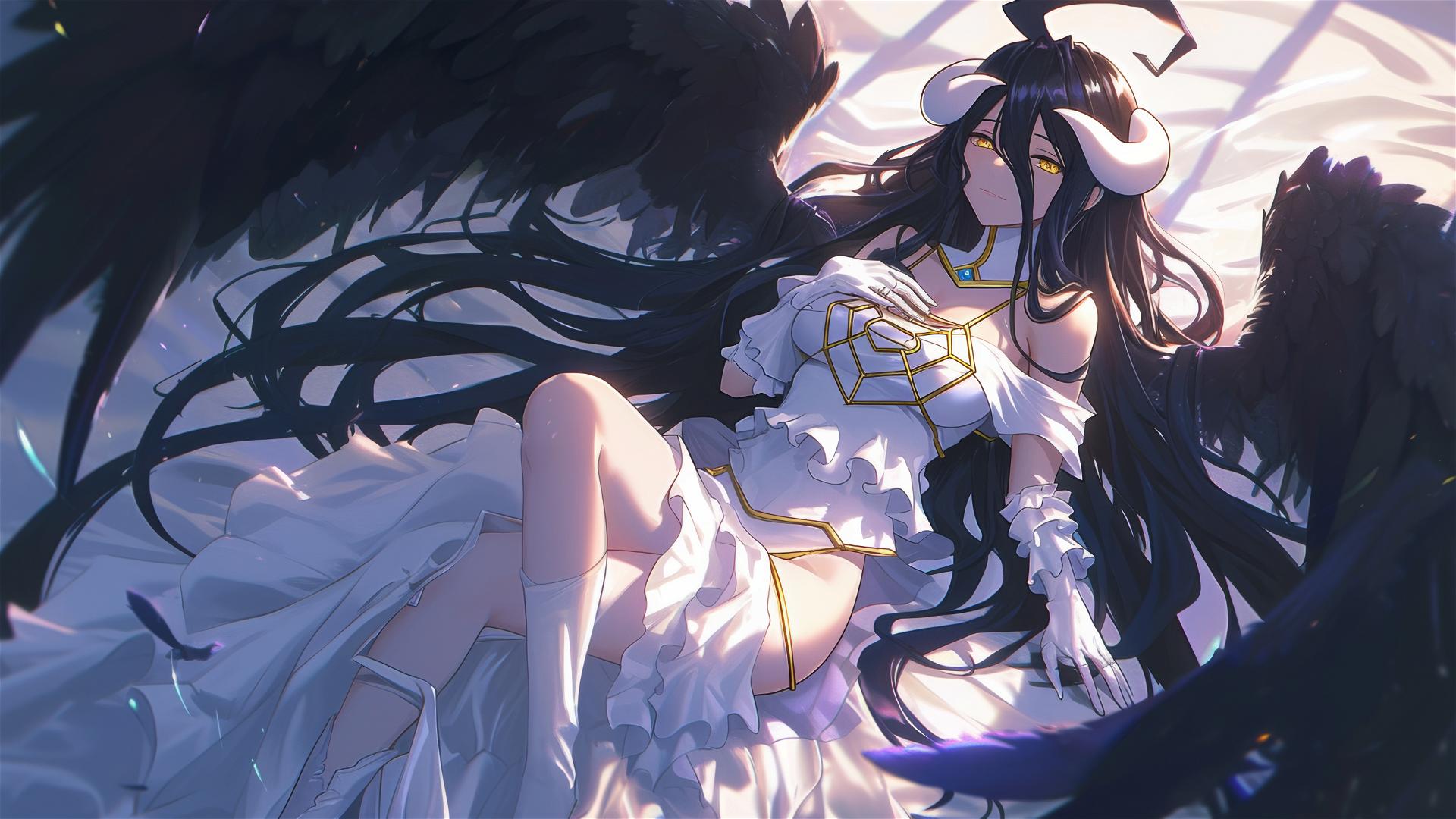 Albedo from Overlord lying in bed with air swirling around her legs and feet.