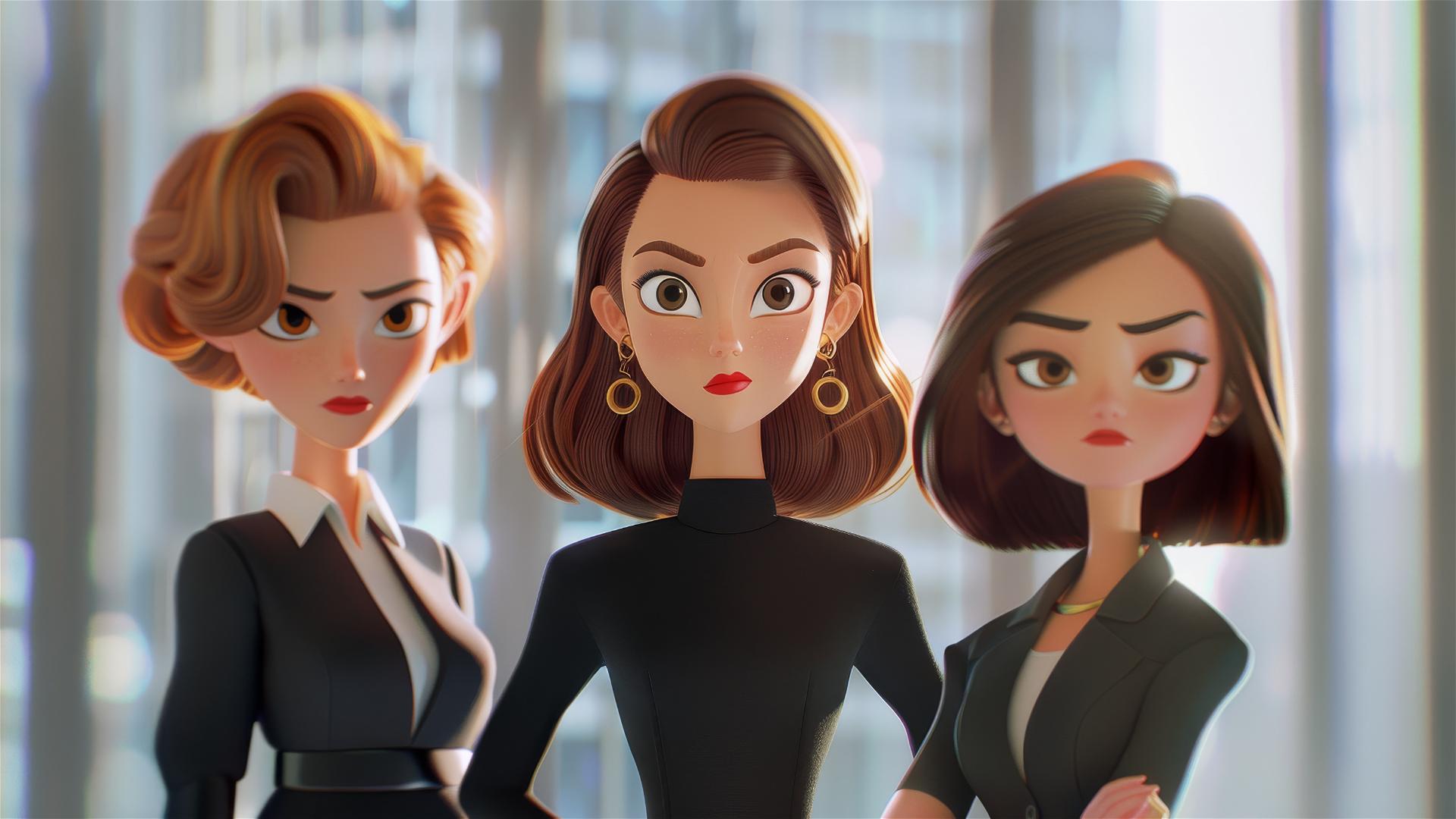 Pixar-style image of three ladies in conflict, one leaving, two pursuing.