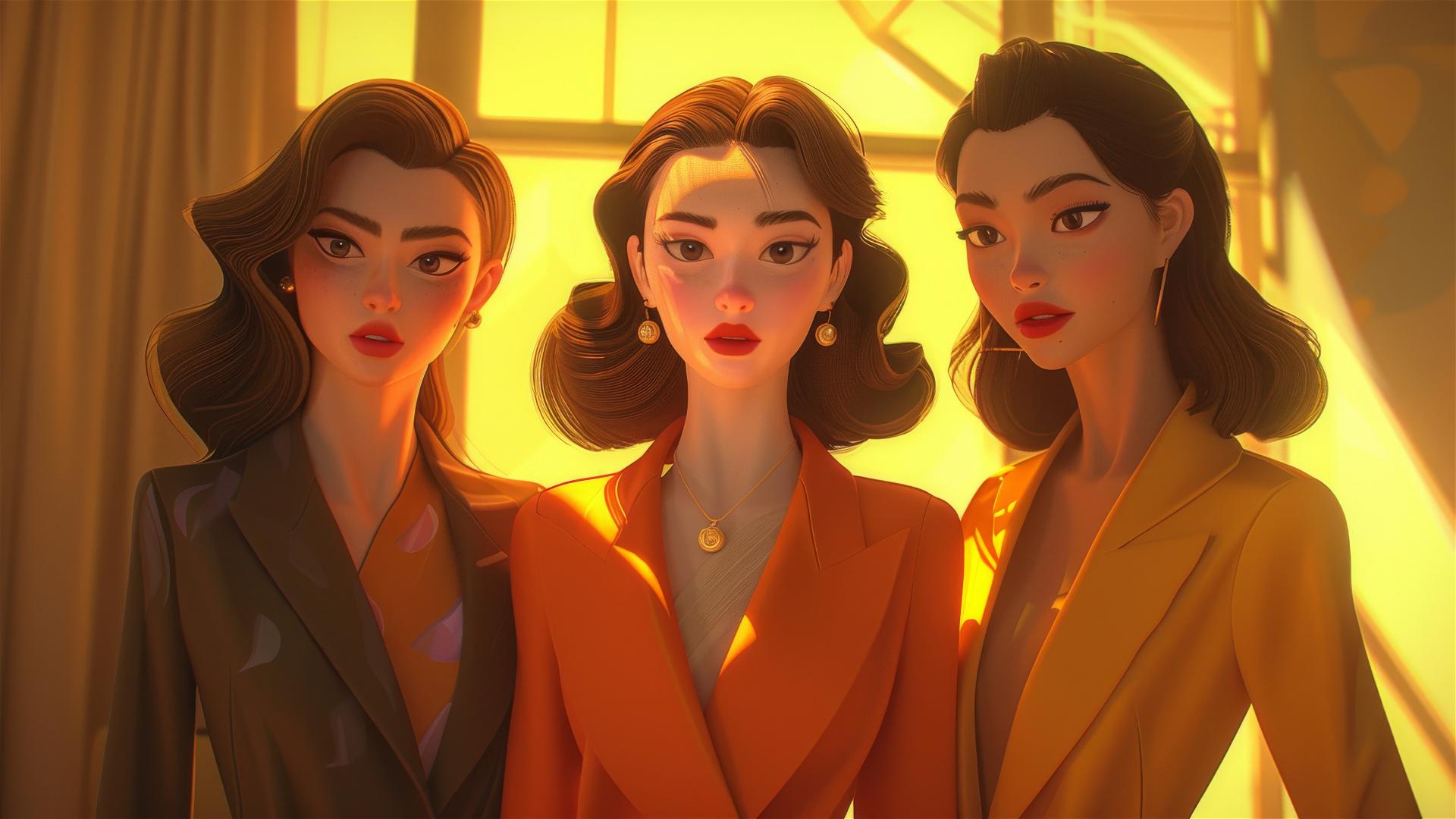 Pixar-style image of 3 ladies in conflict, one leaving, two pursuing.