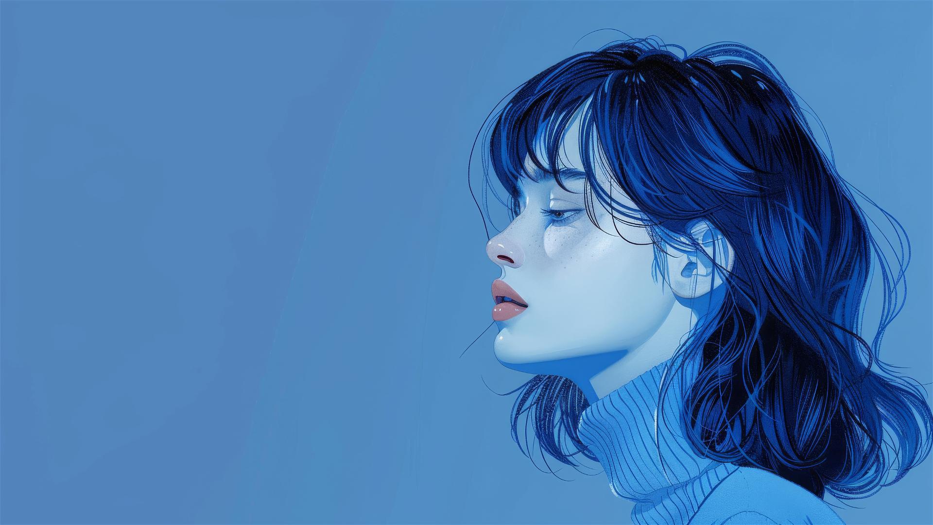 Fashion girl in sapphire blue with minimalist art on Klein blue background.