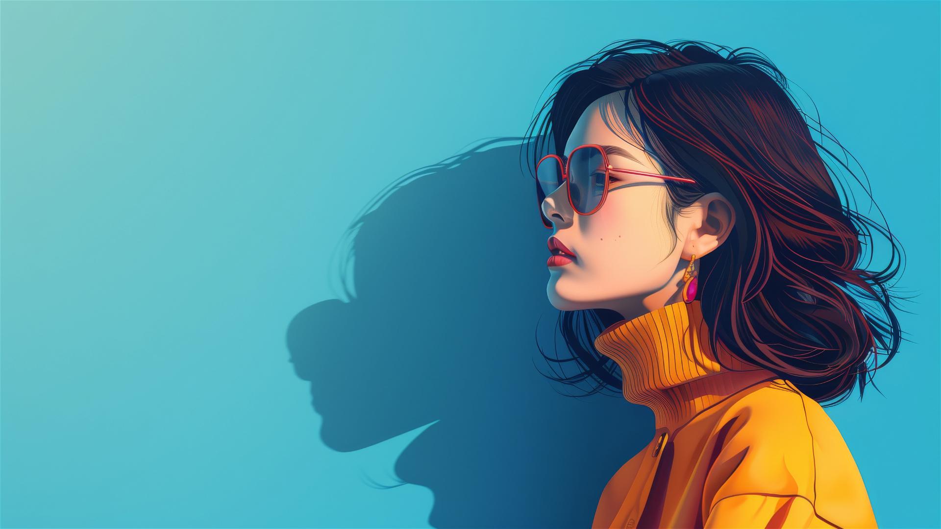 Fashion girl in exaggerated pose with sketch texture on Klein blue background.