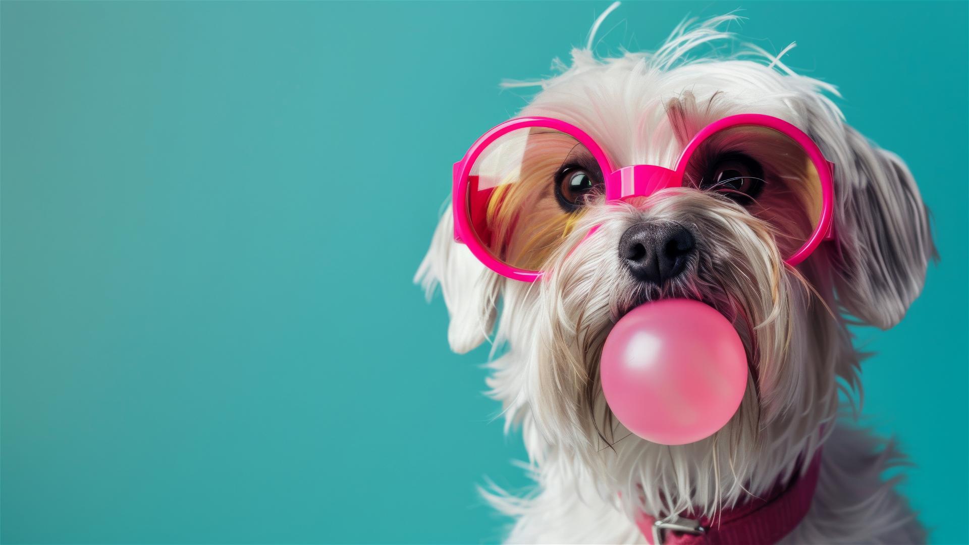 Maltese dog with neon goggles blowing bubble gum in Anthony Burrill style
