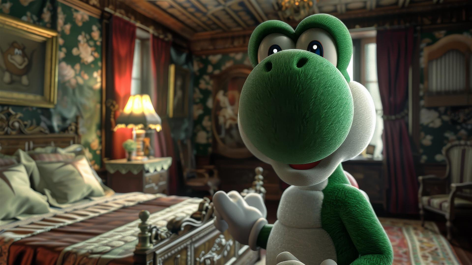 Yoshi's serious face close-up in a dim Victorian bedroom, 3D CGI