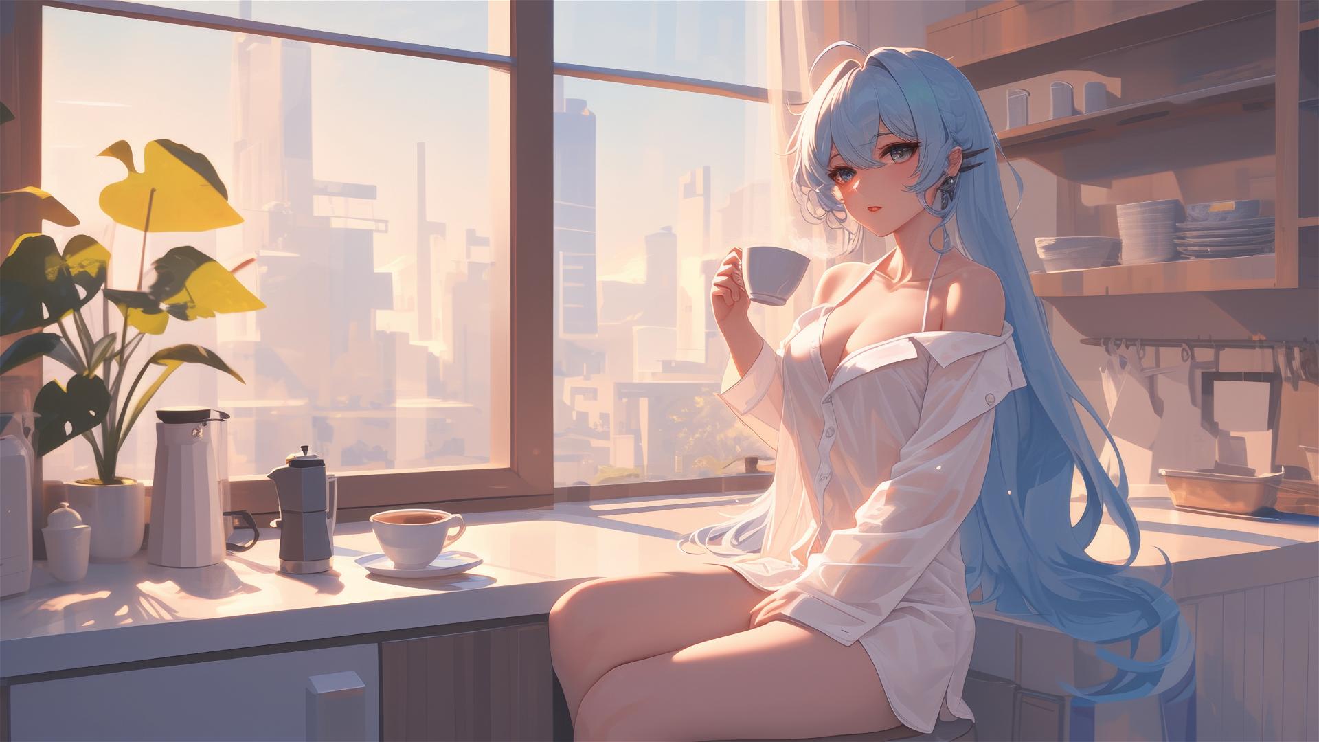Esdeath in white silk pajamas with coffee at sunrise.
