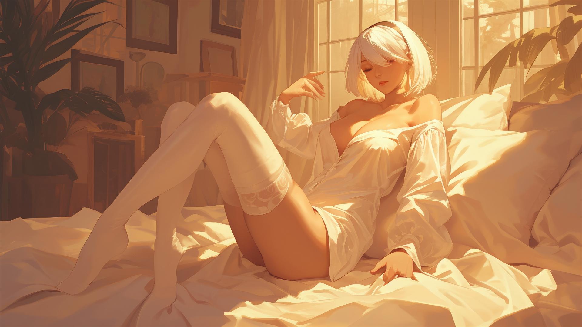 2B from Nier in white silk pajamas resting at sunrise.