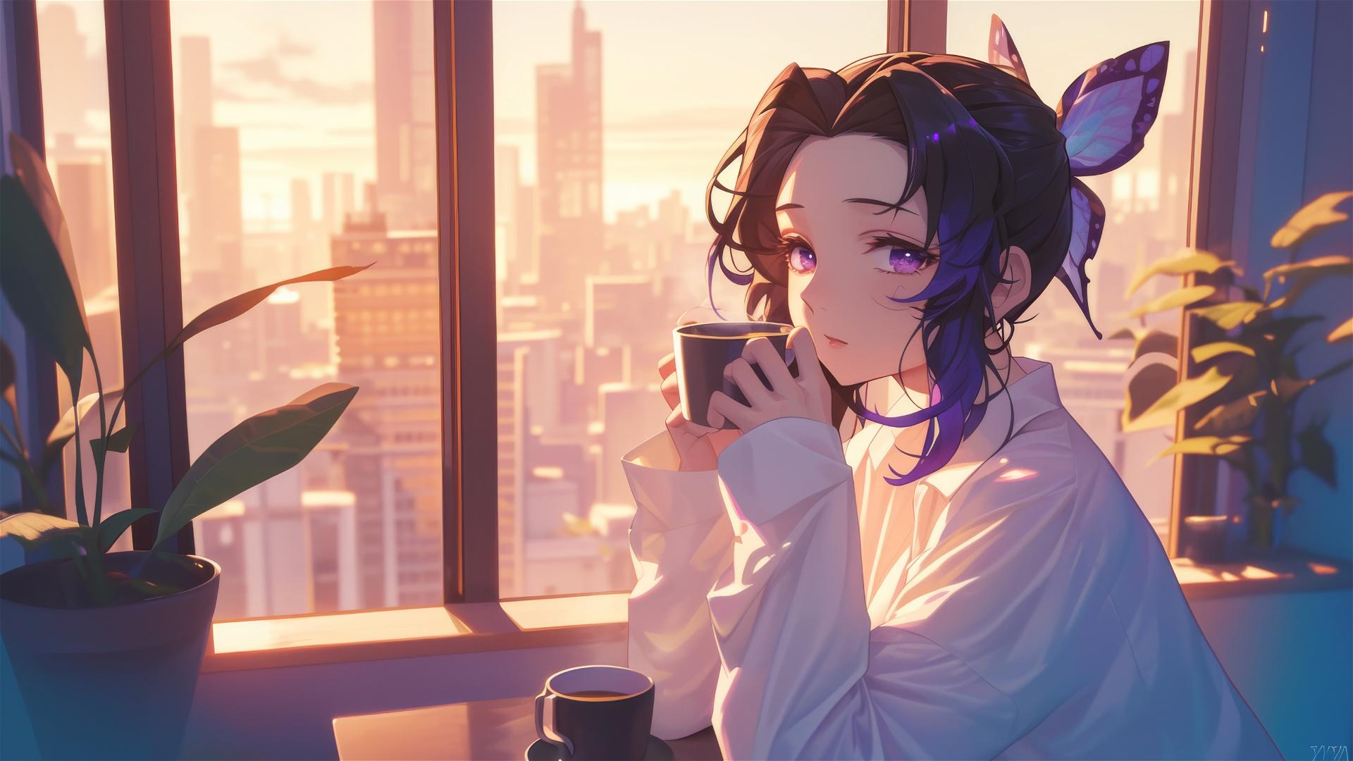 Shinobu Kocho in white silk shirt with coffee at sunrise.