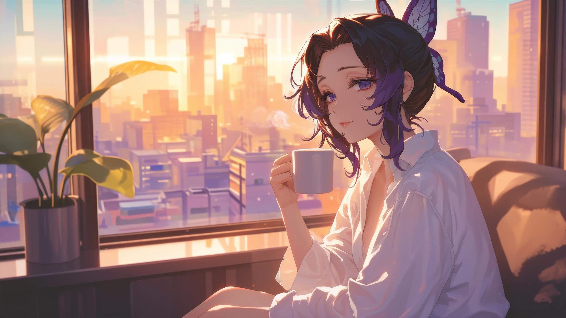Shinobu Kocho from Demon Slayer sipping coffee at sunrise in a modern kitchen.