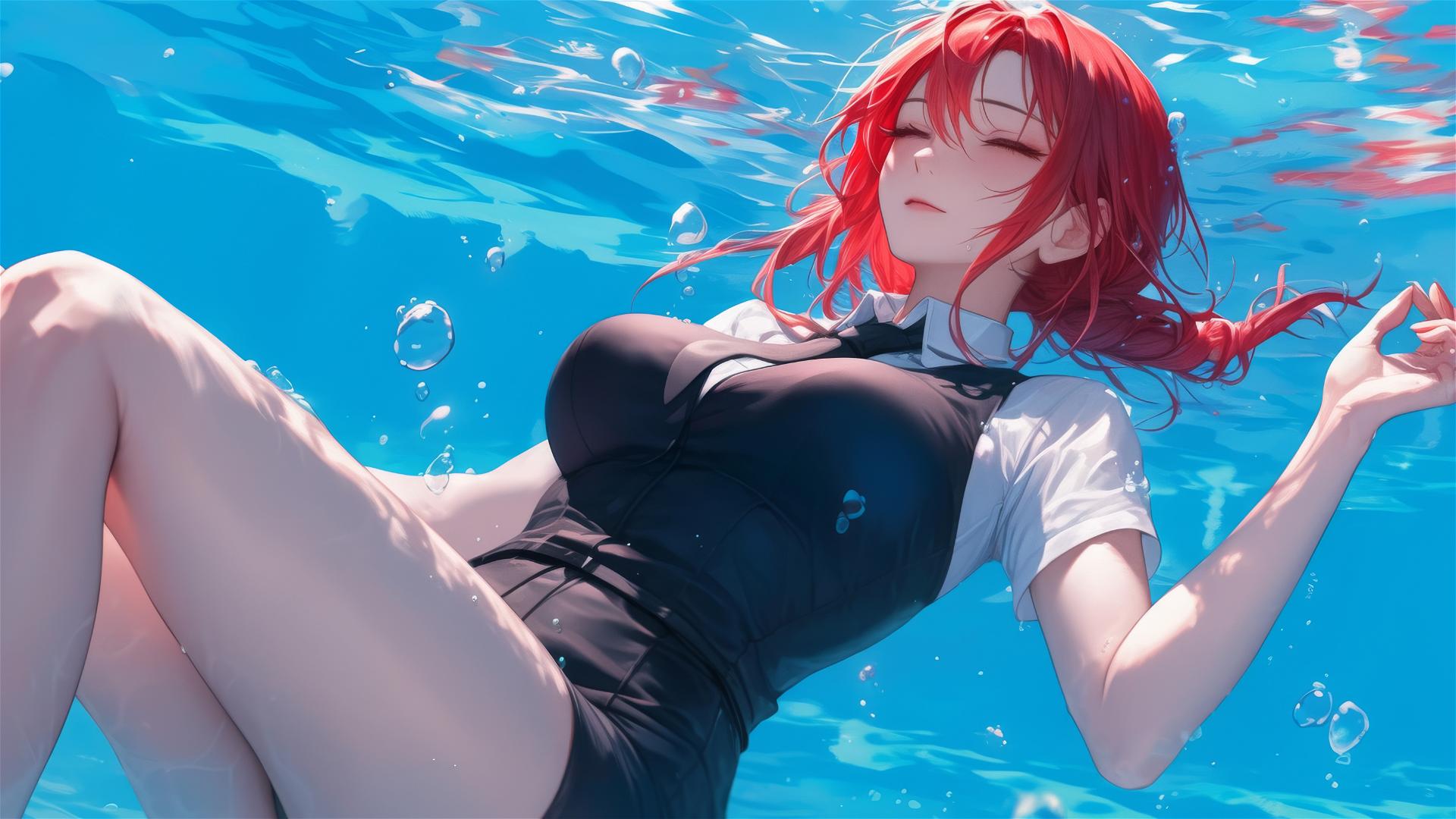 Makima from Chainsaw Man swimming under moonlight with red hair on a rainy day, bunny girl style