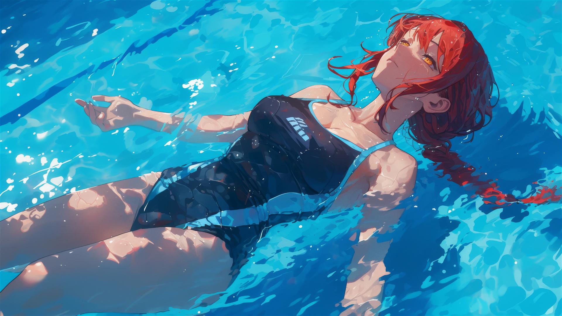 Makima from Chainsaw Man swimming in moonlit pool, red hair glowing