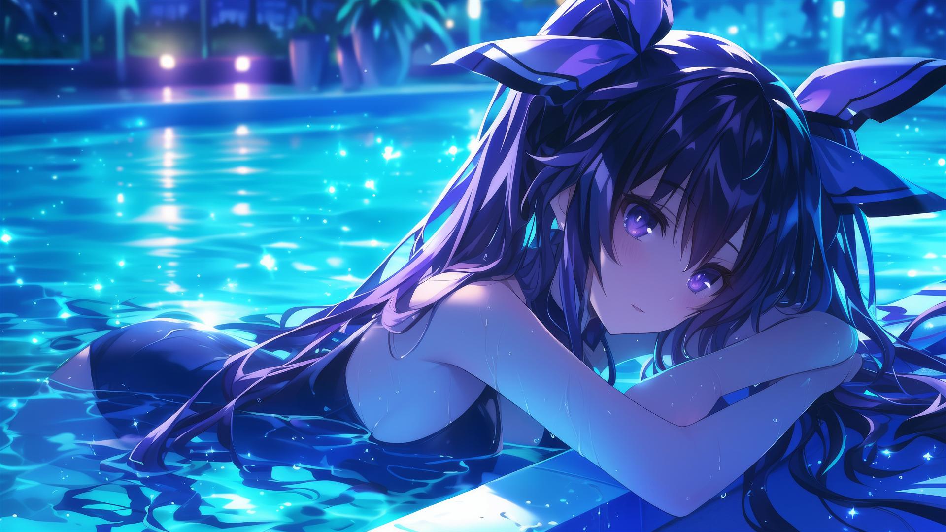 Tohka Yatogami swimming in moonlit pool with dark purple hair