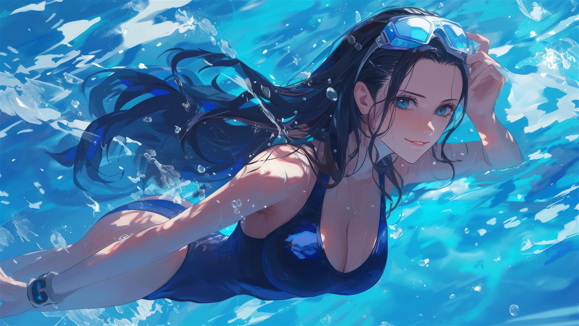 Nico Robin from One Piece swimming in moonlit pool