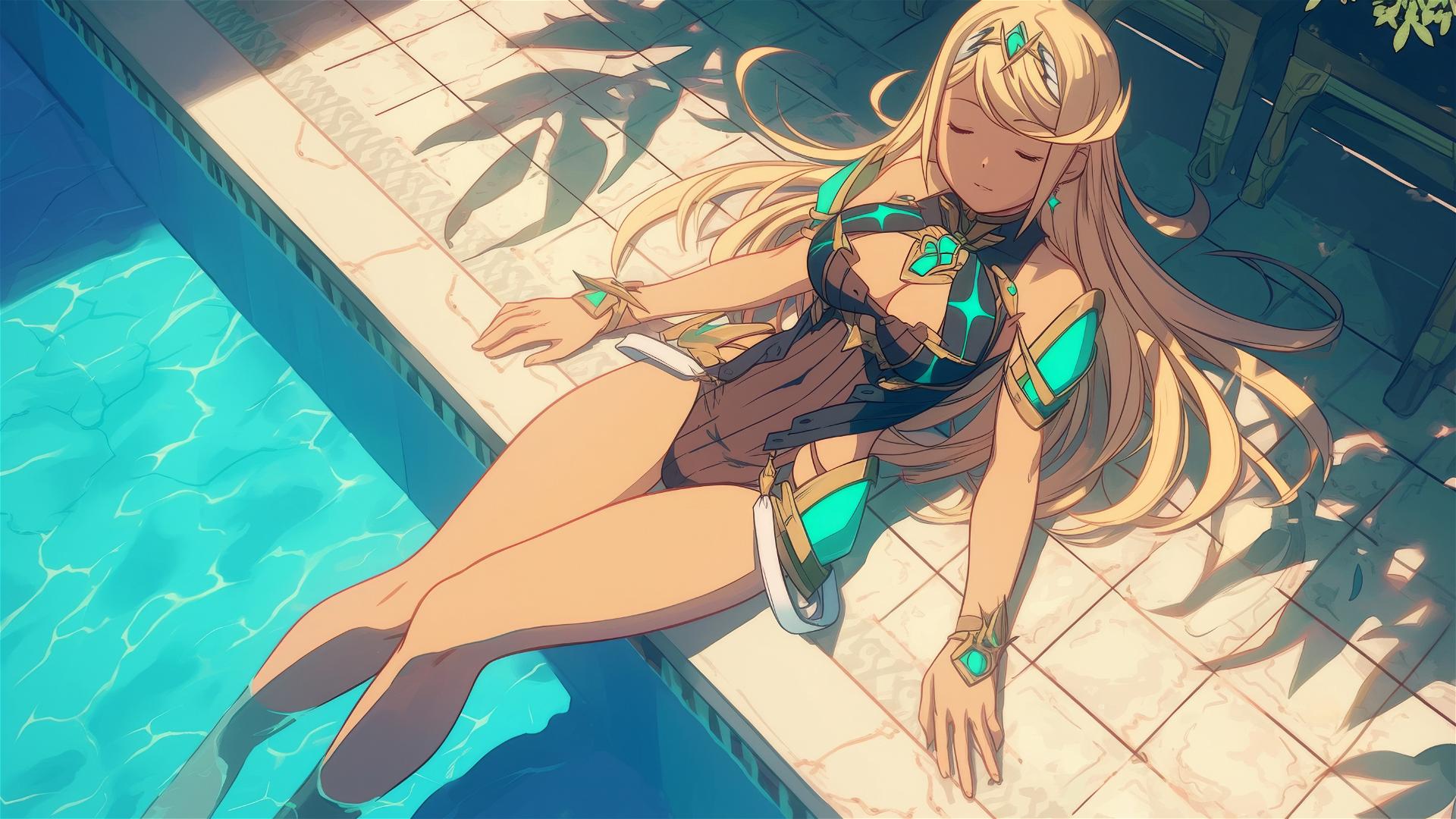 Mythra from Xenoblade Chronicles resting by poolside in moonlight
