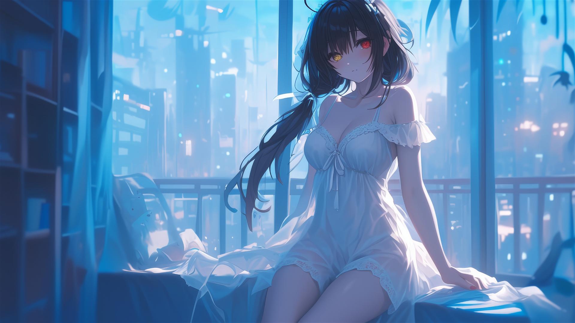 Kurumi Tokisaki from Date A Live standing in apartment with moonlight on her in a white dress