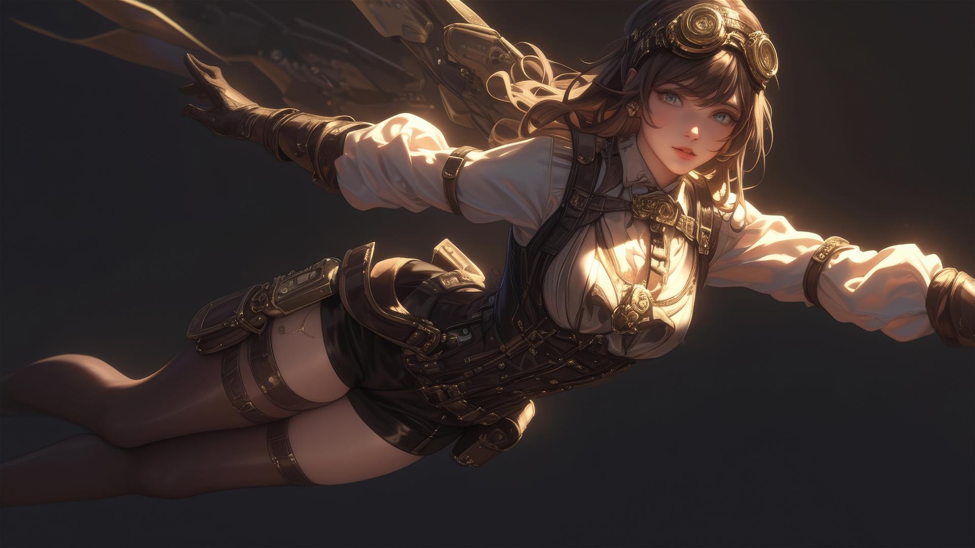 Steampunk Adventurer Girl in dynamic pose with thigh focus on dark background