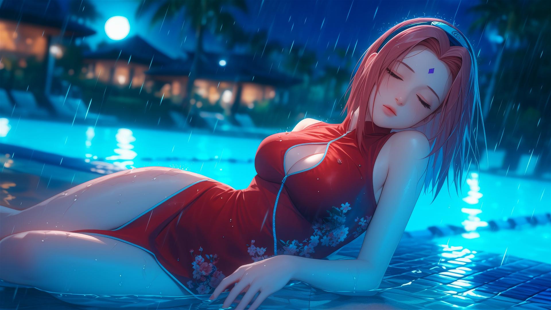 Haruno Sakura from Naruto resting by a pool in the moonlight with rain