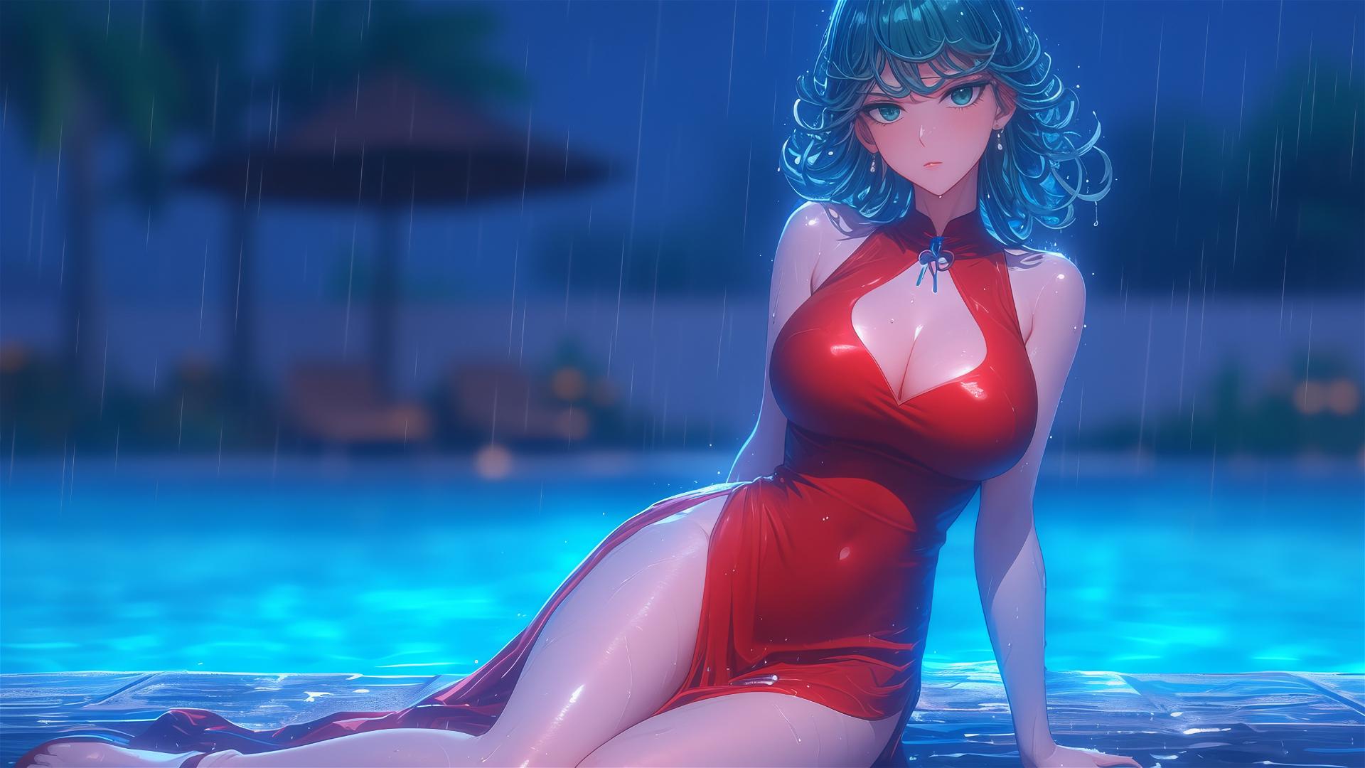 Tatsumaki from One-Punch Man resting by a pool in moonlit rain, wearing a red dress