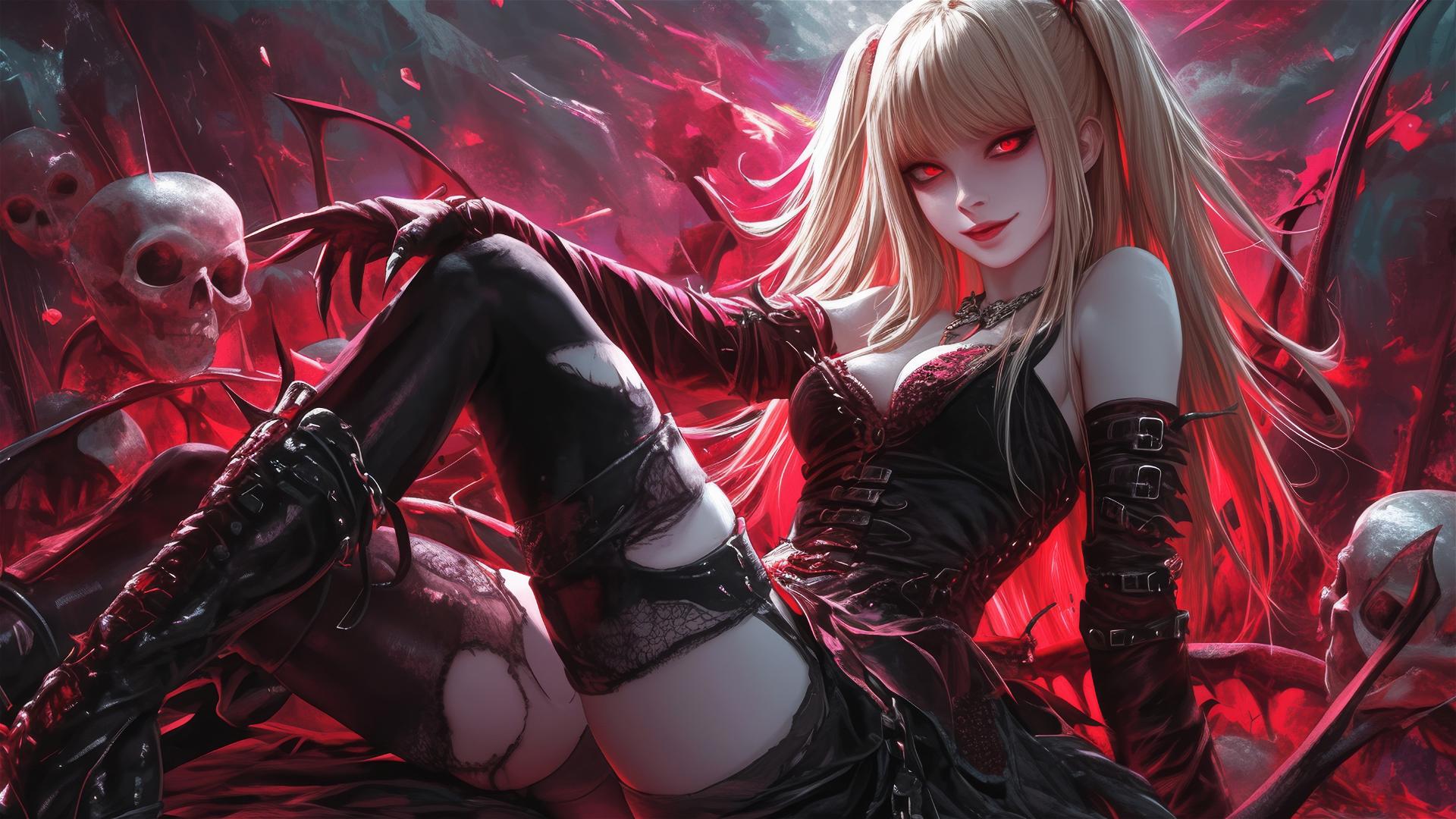 Misa Amane from Death Note with red eyes in dynamic pose on dark background
