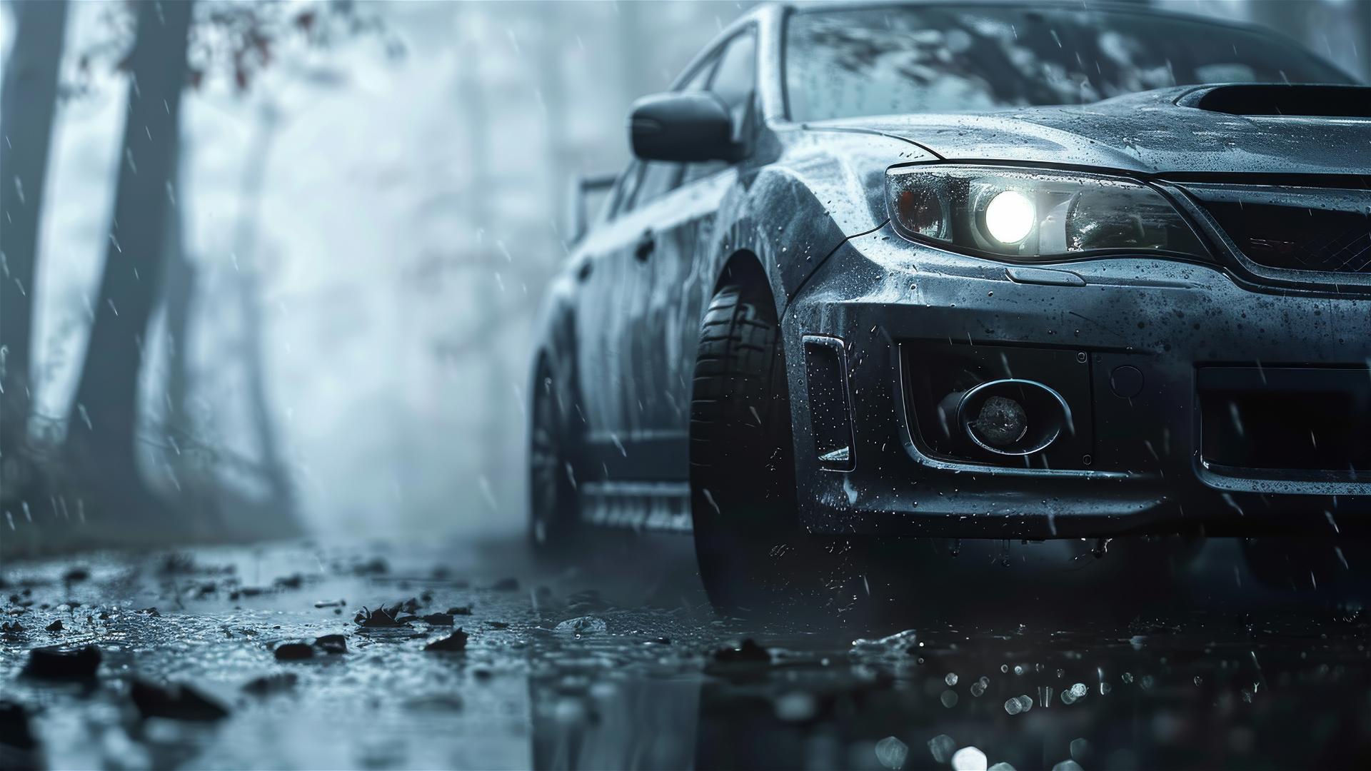 Closeup view of a Subaru Legacy in dim, gothic, foggy lighting