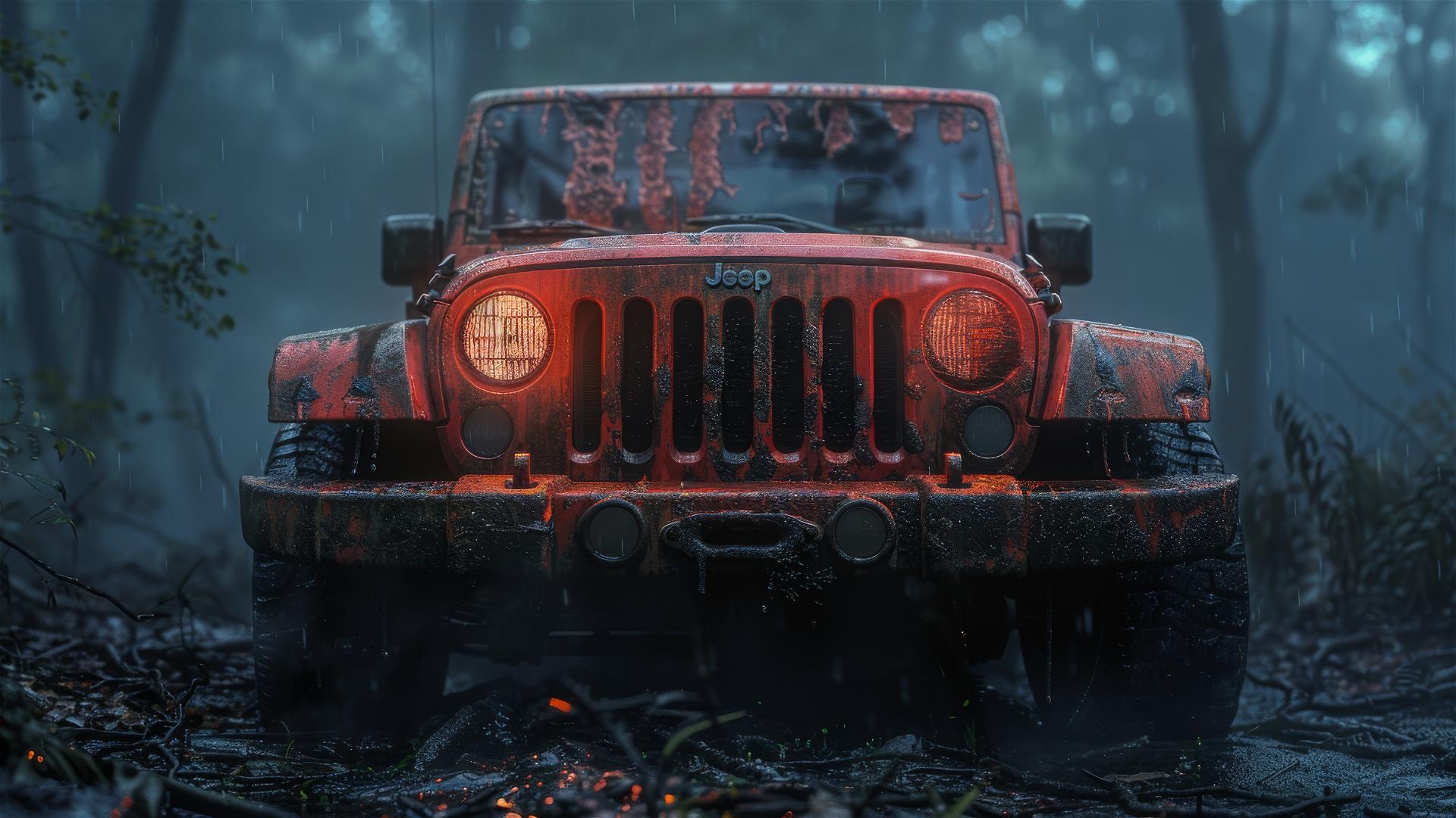 Photorealistic closeup of a Jeep Wrangler in dim, foggy, gothic setting