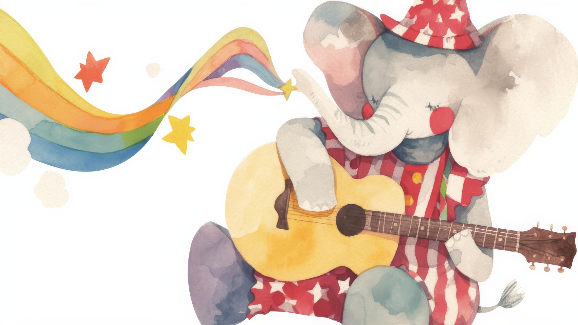 A cute elephant in clown costume playing guitar, watercolor clipart of happy unicorn with stars and rainbows, no text, Ryo Takemasa & Jon Klassen style inspired.