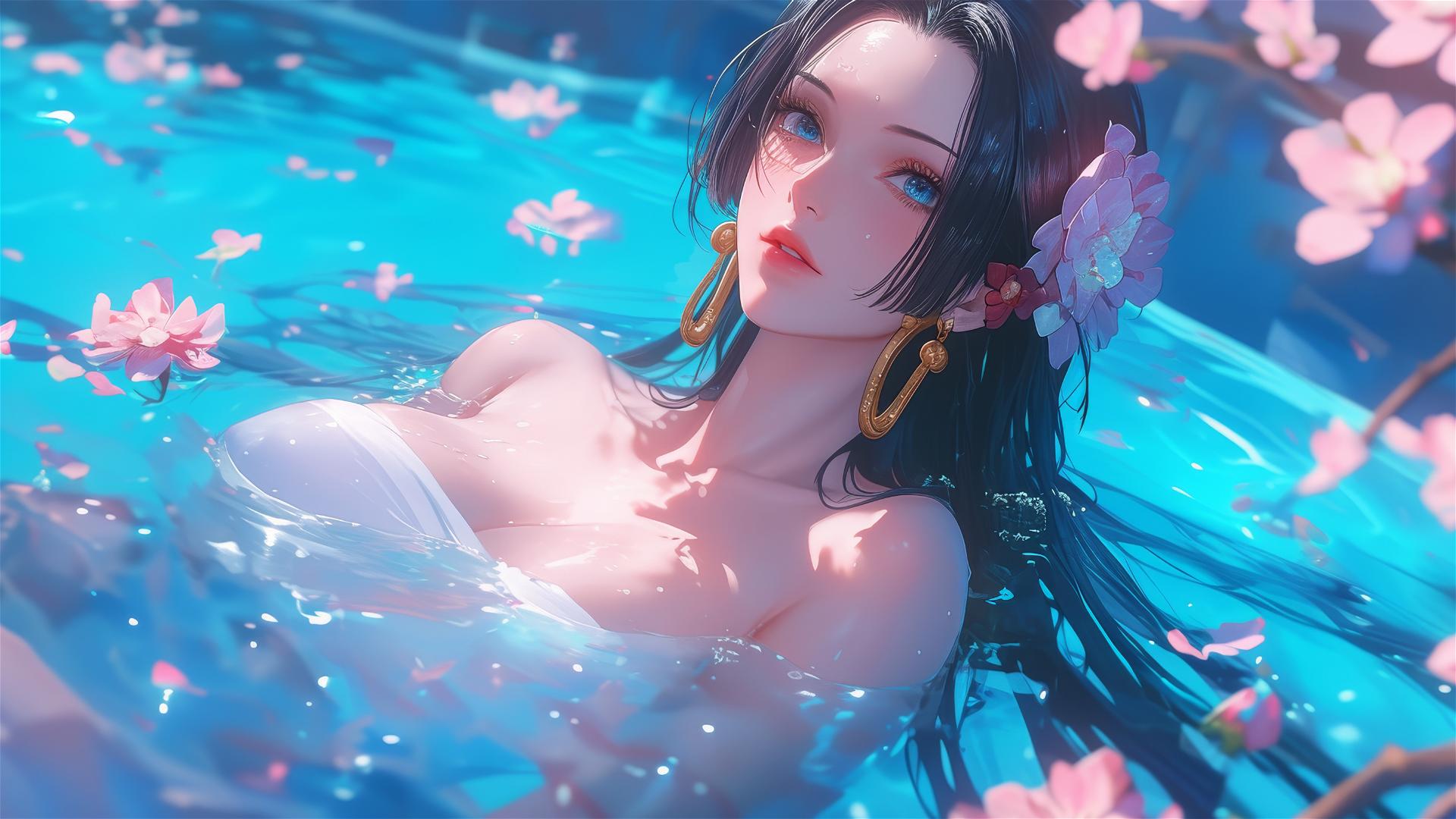 Boa Hancock from One Piece in a flower-filled tub in a Chinese spa