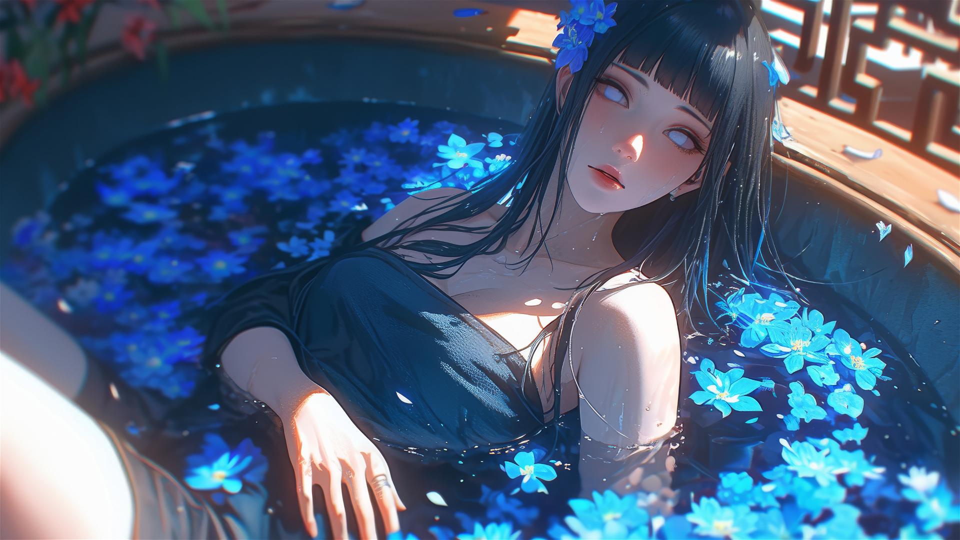 Hinata Hyuga from Naruto in a flower-filled tub at a Chinese spa