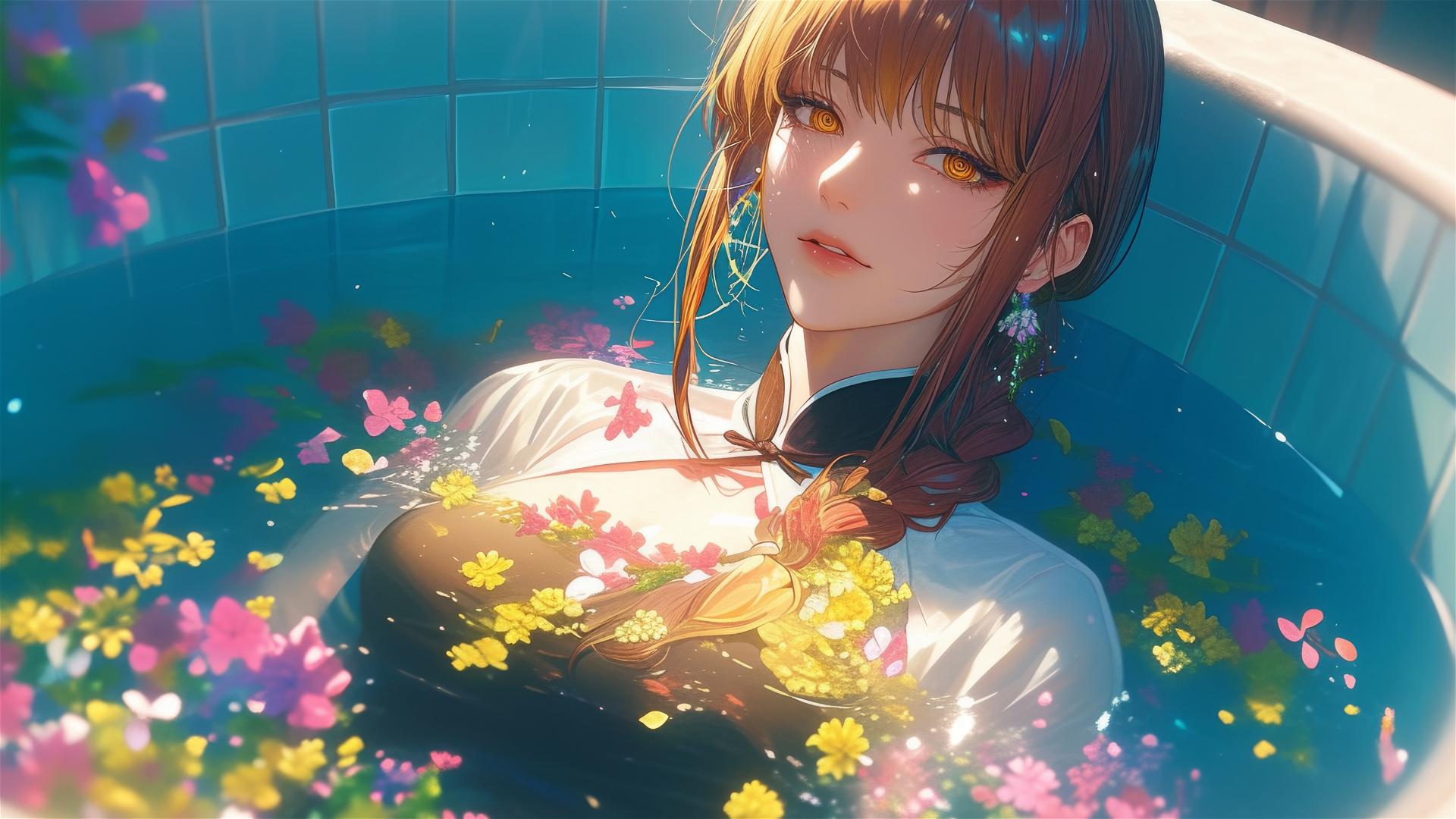 Makima from Chainsaw Man in a tub full of flowers in a Chinese spa.