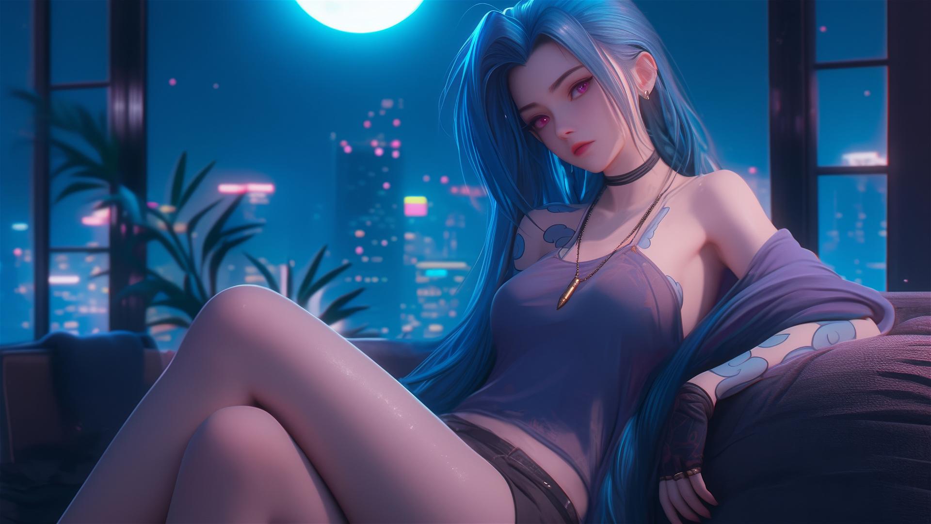 Jinx from League of Legends resting in apartment under moonlight