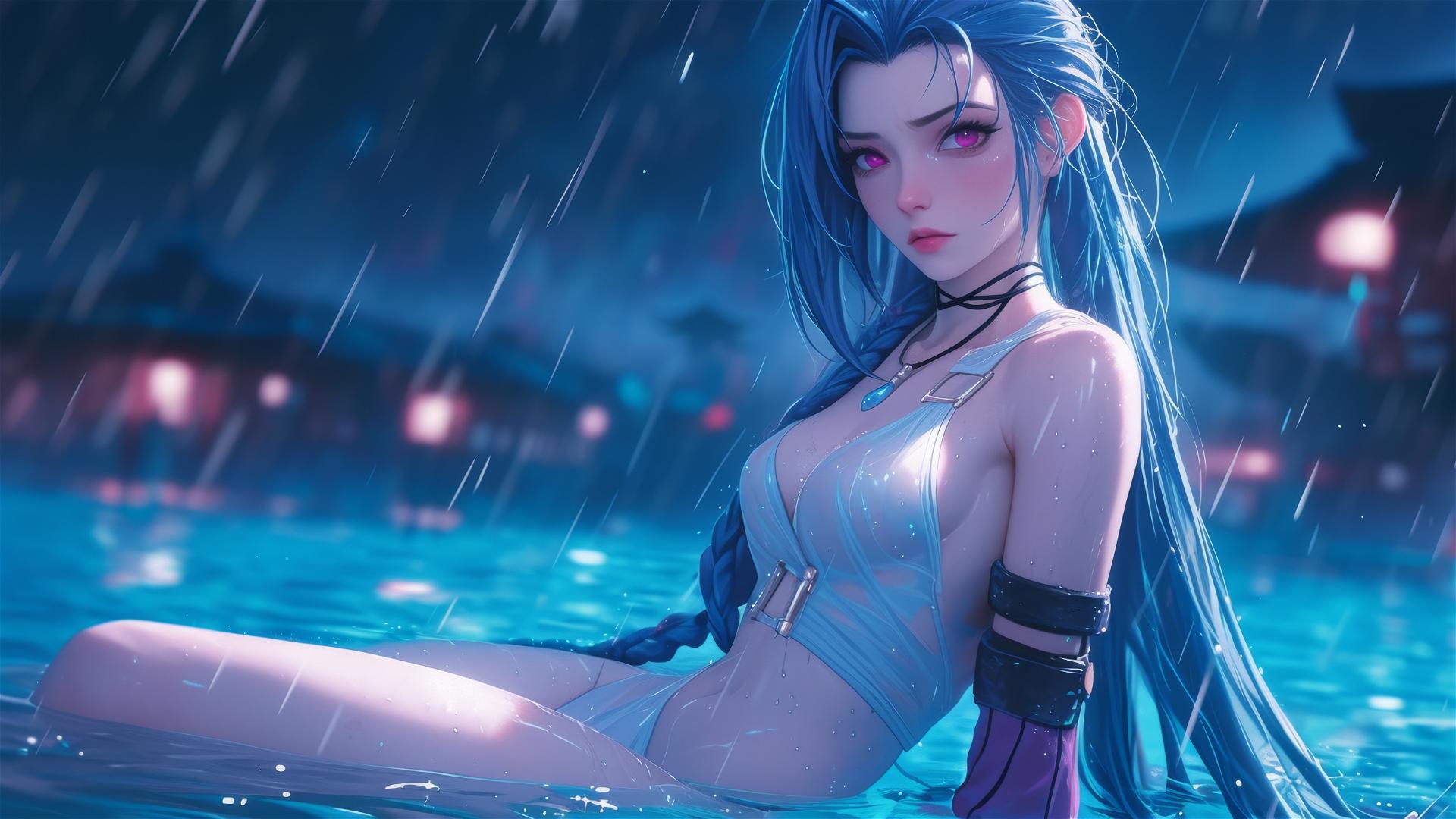Jinx from League of Legends resting by a rainy swimming pool in moonlight