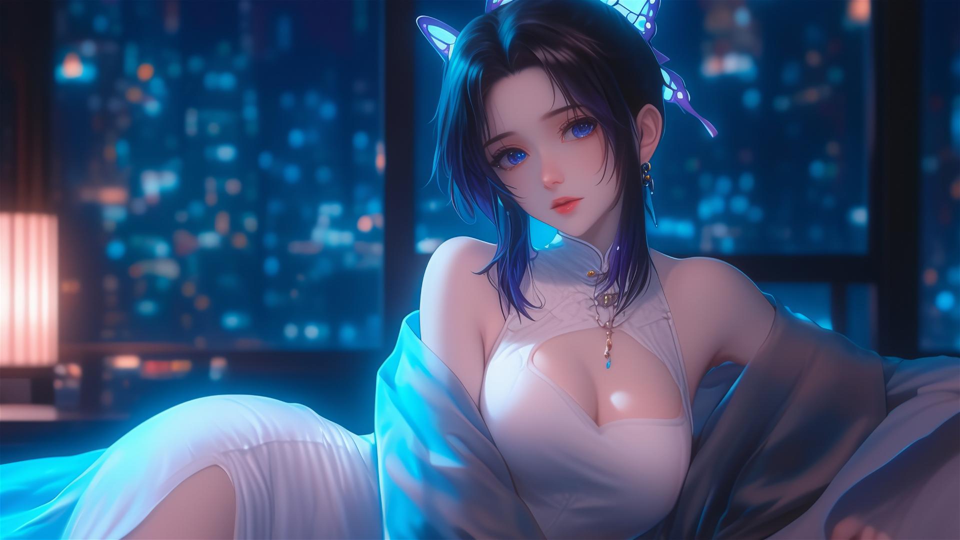 Shinobu Kocho from Demon Slayer in a modern hotel room with neon lights