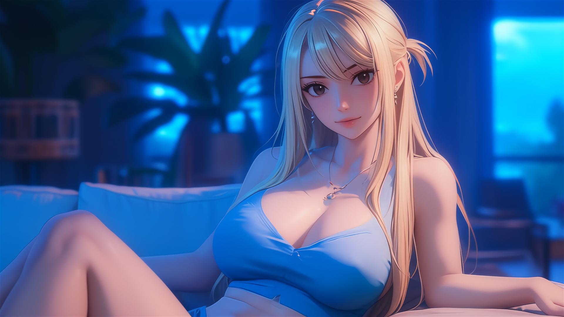 Lucy Heartfilia resting in a modern apartment with moonlight glow.