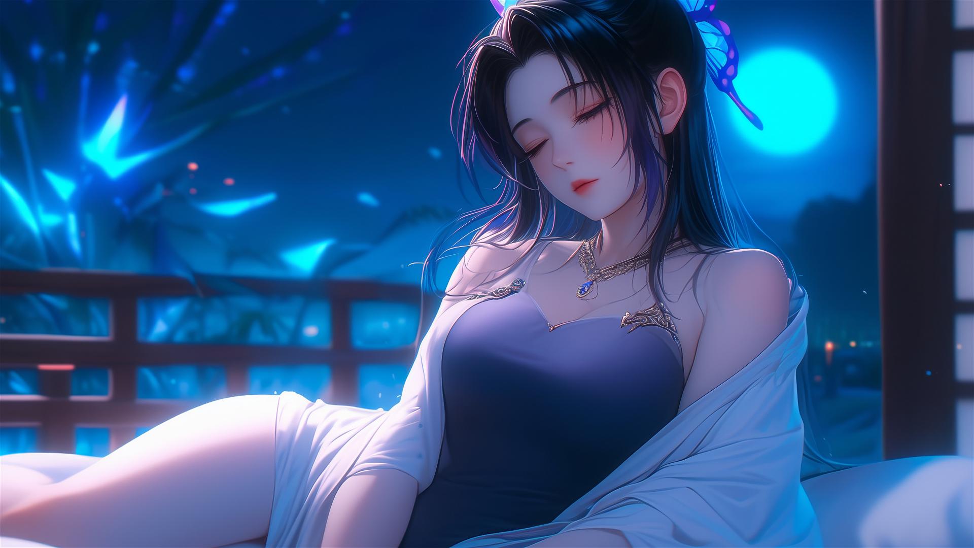 Shinobu Kocho from Demon Slayer resting in modern hotel room with moonlight