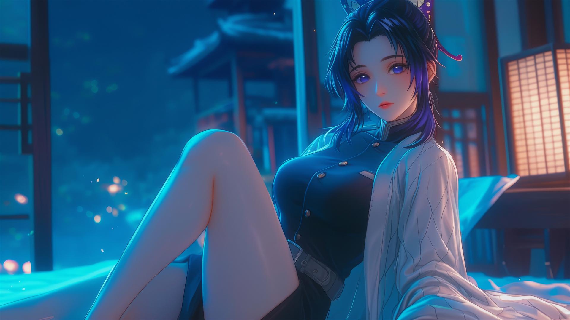 Shinobu Kocho resting in a moonlit modern hotel room
