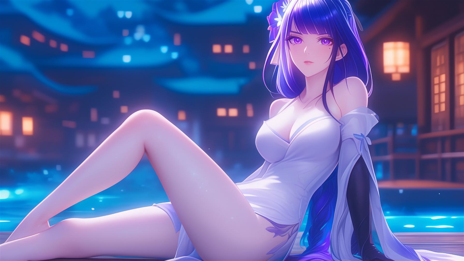 Raiden Shogun from Genshin Impact resting at a modern hotel under moonlight, with purple hair and eyes, and a flower on her head.