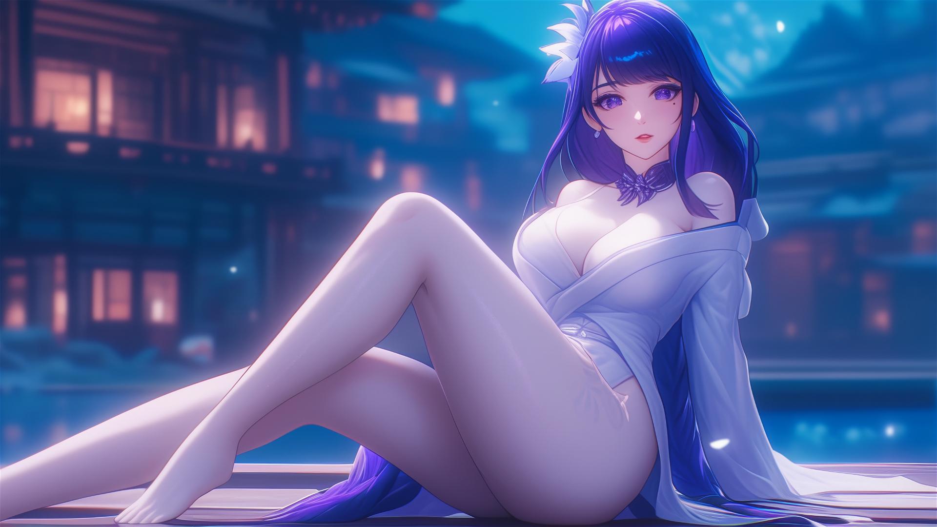 Raiden Shogun from Genshin Impact resting in a modern hotel under moonlight