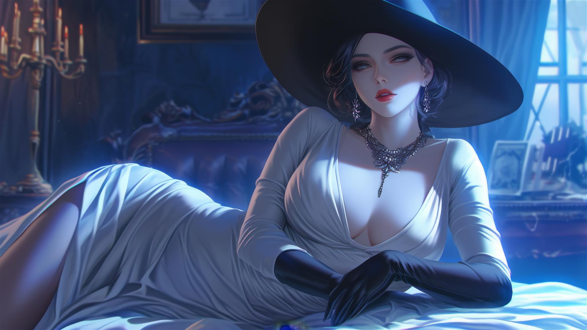 Lady Dimitrescu from Resident Evil resting on a modern hotel bed in moonlight