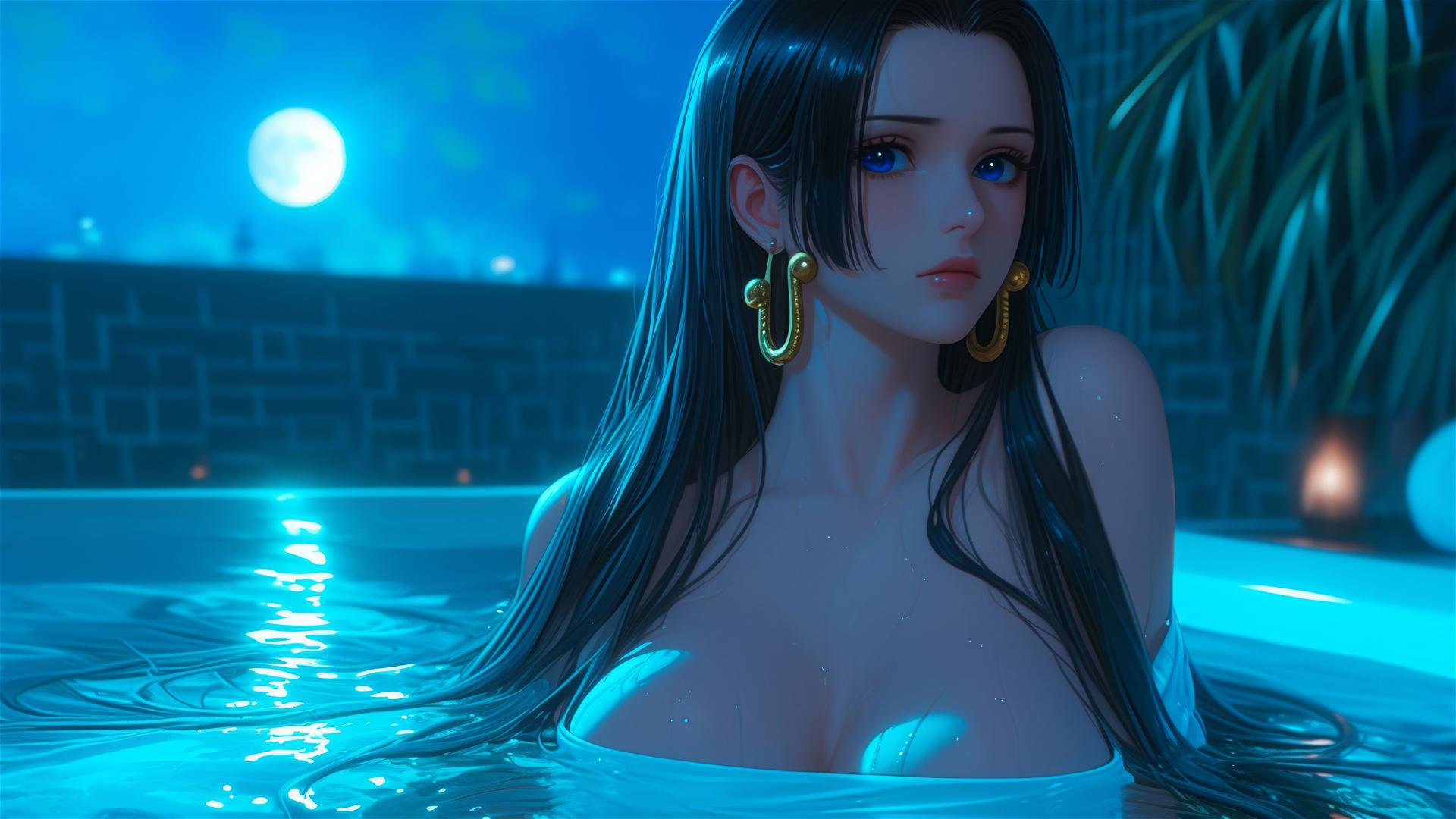 Boa Hancock from One Piece, resting in a tub under moonlight