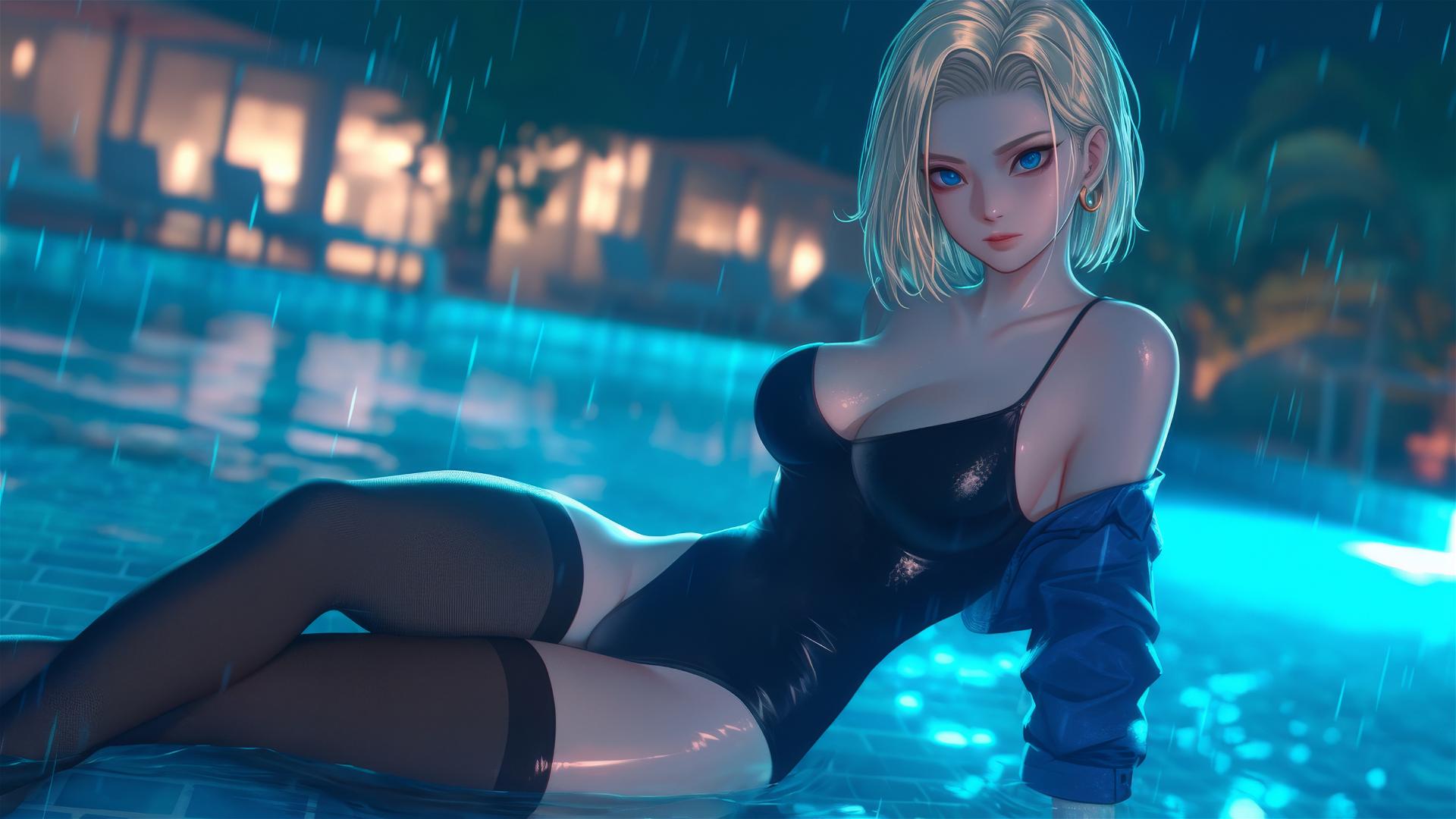 Android 18 resting by a rainy swimming pool under moonlight